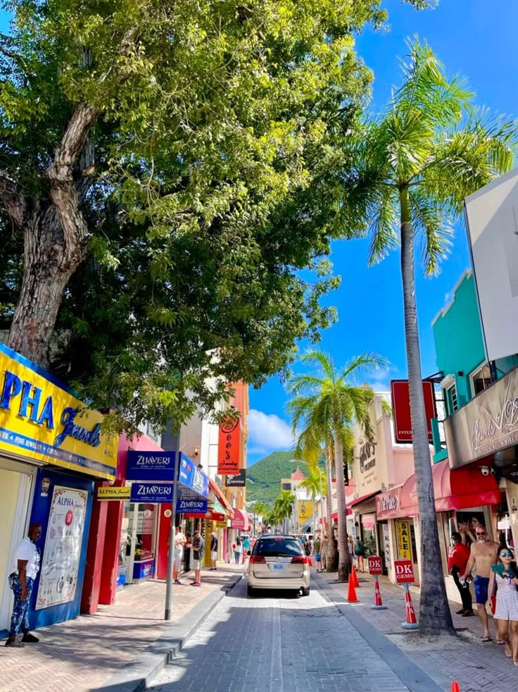Front Street in Philipsburg, Sint Maarten, lined with colourful shops and palm trees